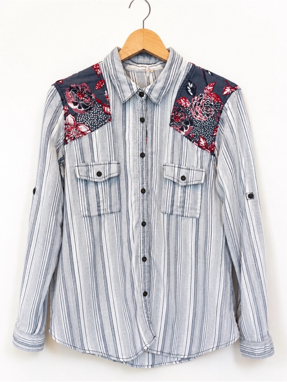 Free People Boho Western Floral Stripe Button Down Shirt Small